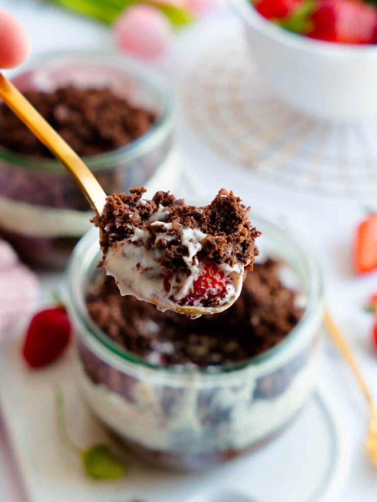 Vegane Erdbeer-Maulwurfkuchen-Baked-Proats - vegane Erdbeer-Maulwurfkuchen-Protein-Haferflocken - Baked Protein Oats Erdbeer-Maulwurfkuchen-Art