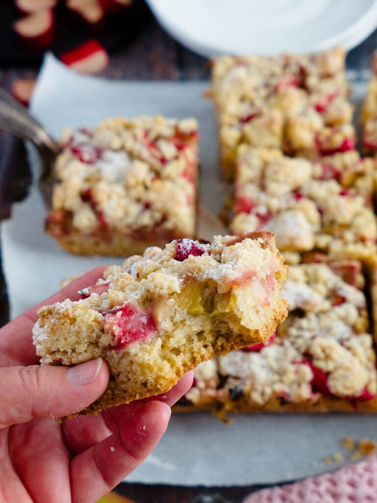 Einfaches Rezept für veganen Rhabarberkuchen mit Streuseln vom Blech nach Omas Art - schnell und einfach gemacht, mit oder ohne Thermomix
